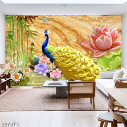 Tranh tre và chim công, hoa Sen