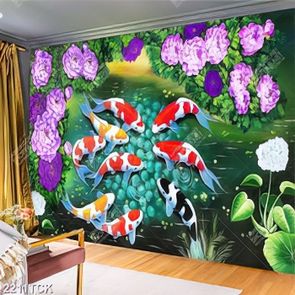 Tranh in uv những bông hoa mẫu đơn tím và đàn cá chép Tranh in uv những bông hoa mẫu đơn tím và đàn cá chép