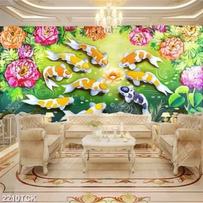 Tranh hồ hoa sen hồng và đàn cá chép vàng trong hồ psd Tranh hồ hoa sen hồng và đàn cá chép vàng trong hồ psd