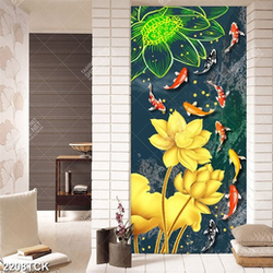 Tranh decor hoa sen vàng và đàn cá chép bơi tung tăng Tranh decor hoa sen vàng và đàn cá chép bơi tung tăng