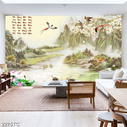 Tranh thư pháp hoa mộc lan và cảnh núi