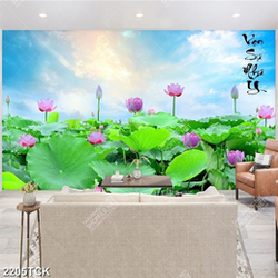 Tranh đầm hoa sen khoe sắc dưới bầu trời xanh bao la Tranh đầm hoa sen khoe sắc dưới bầu trời xanh bao la