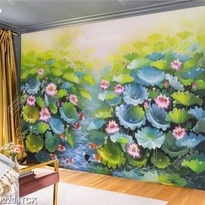 Tranh sơn dầu đầm hoa sen bạt ngàn hoa và lá in tường Tranh sơn dầu đầm hoa sen bạt ngàn hoa và lá in tường