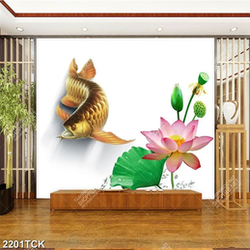 Tranh in tường chú cá chép vàng bên bông hoa sen hồng Tranh in tường chú cá chép vàng bên bông hoa sen hồng