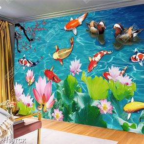 Tranh in canvas đàn cá chép và đôi chim bên hồ sen Tranh in canvas đàn cá chép và đôi chim bên hồ sen