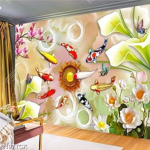 Tranh những bông hoa sen trắng bên đàn cá chép vàng Tranh những bông hoa sen trắng bên đàn cá chép vàng