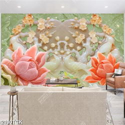 Tranh cây hoa mai giả ngọc bên những bông hoa sen hồng Tranh cây hoa mai giả ngọc bên những bông hoa sen hồng