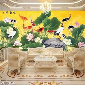 Tranh in tường đầm hoa sen trắng bên chú hạc trắng Tranh in tường đầm hoa sen trắng bên chú hạc trắng