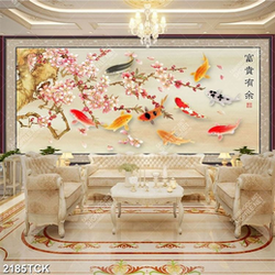 Tranh nghệ thuật hoa sen và đàn cá chép dưới hoa đào Tranh nghệ thuật hoa sen và đàn cá chép dưới hoa đào