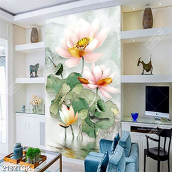 Tranh thủy mạc đầm hoa sen và đàn cá chép nhỏ in 3d Tranh thủy mạc đầm hoa sen và đàn cá chép nhỏ in 3d