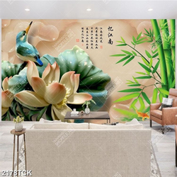 Tranh decor hoa sen hồng giả ngọc bên chú chim non Tranh decor hoa sen hồng giả ngọc bên chú chim non