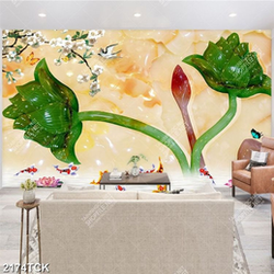 Tranh hoa sen cá chép giả ngọc màu xanh trang trí tường Tranh hoa sen cá chép giả ngọc màu xanh trang trí tường