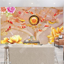 Tranh cá chép bên những bông hoa sen dáp vàng in 5d Tranh cá chép bên những bông hoa sen dáp vàng in 5d