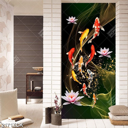 Tranh in tường những bông hoa sen hồng và cá chép