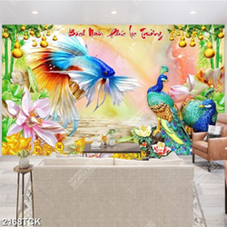 Tranh sơn dầu trang trí đôi chim công bên cá chép