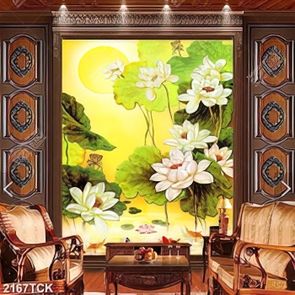 Tranh đàn cá chép vàng bơi dưới hồ sen trắng in 3d