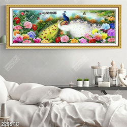 Tranh sơn dầu chim công và hoa mẫu đơn