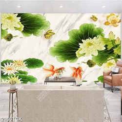 Tranh in uv đàn cá chép vàng bơi dưới hồ sen trắng