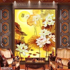 Tranh hồ hoa sen trắng và đàn cá chép vàng bơi psd