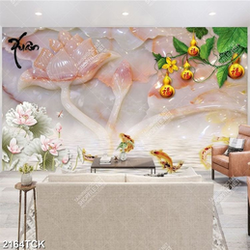 Tranh psd hoa sen cá chép dưới dàn bầu vàng giả ngọc