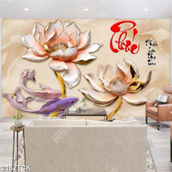 Tranh cá chép giả ngọc bên những bông hoa sen hồng Tranh cá chép giả ngọc bên những bông hoa sen hồng