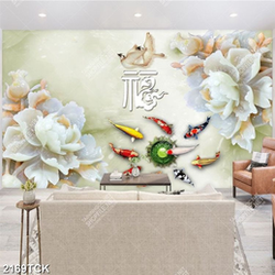 Tranh in canvas đàn cá chép bên hoa mẫu đơn giả ngọc