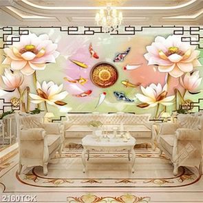 Tranh những bông hoa sen hồng giả ngọc và cá chép