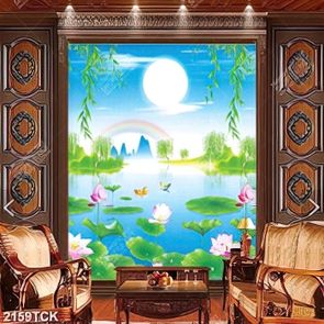 Tranh hoa sen cá chép bên anh trăng trang trí tường