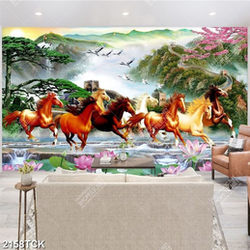 Tranh đàn ngựa phi trên thác nước đầy hoa sen in 5d