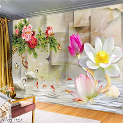 Tranh giả ngọc hoa sen hồng và đôi thiên nga trắng