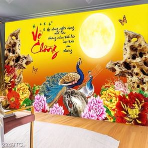 Tranh chim công và hoa mẫu đơn thư pháp vợ chồng