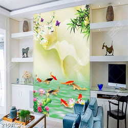 Tranh hồ hoa sen hồng và đàn cá chép vàng bơi psd