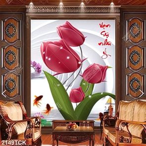 Tranh psd hoa sen cá chép và cành hoa phong lan xinh đẹp