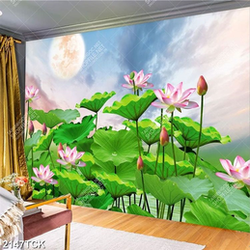 Tranh đầm hoa sen bên ánh trắng sáng về đêm psd