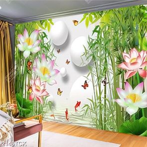 Tranh dán tường hồ cá chép vàng và đàn bướm bay lượn