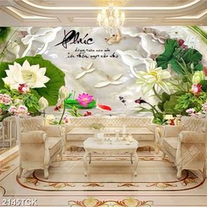 Tranh hồ hoa sen trắng bên đàn cá chép vàng tung tăng Tranh hồ hoa sen trắng bên đàn cá chép vàng tung tăng