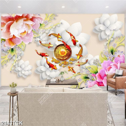 Tranh cá chép bên những bông hoa mẫu đơn in 5d