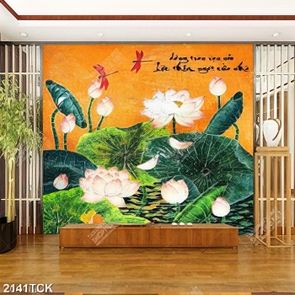 Tranh in tường đầm hoa sen hồng và chú chuồn chuồn