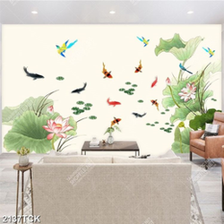 Tranh thủy mạc đầm hoa sen và đàn cá chép in 5d