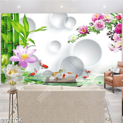 Tranh in uv cành hoa mẫu đơn trên hồ cá chép vàng