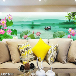 Tranh hồ hoa sen hồng và người lái đò trên sông psd