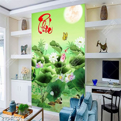 Tranh psd hoa sen cá chép bên những chú vịt trời trong hồ