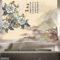 Tranh phong cảnh quê và hoa mẫu đơn