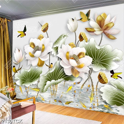 Tranh thêu hoa sen cá chép bên đàn chim non bay lượn