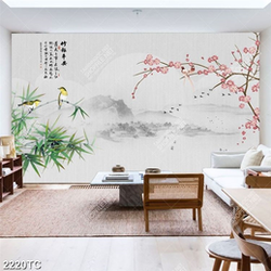 Tranh cây tre và hoa đào