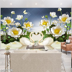 Tranh đôi thiên nga trắng bên hoa sen hồng dán tường Tranh đôi thiên nga trắng bên hoa sen hồng dán tường