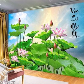 Tranh in tường đầm hoa sen khoe sắc giữa trời xanh