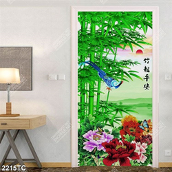 Tranh thư pháp tre và hoa mẫu đơn