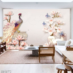 Tranh 3D chim công và bình hoa