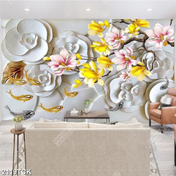 Tranh psd đàn cá chép đúc vàng và cành mộc lan trắng